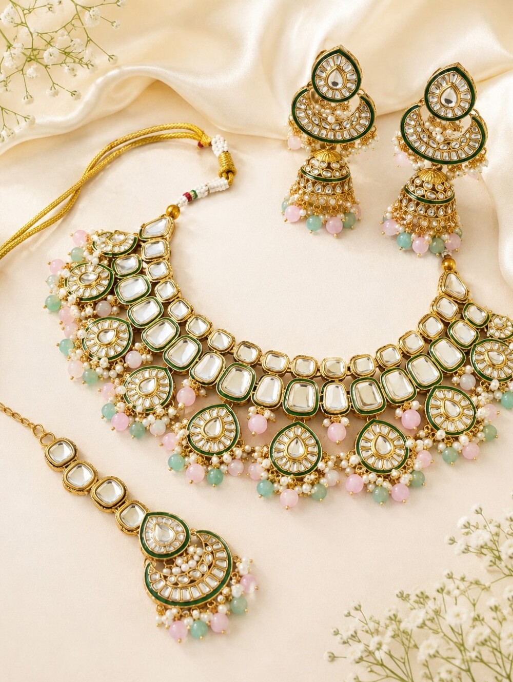Pink & Pista Green Kundan Bridal Jewelry Set